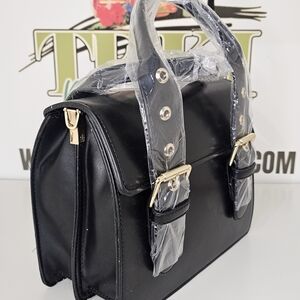 Chic Black Satchel with Gold Accents